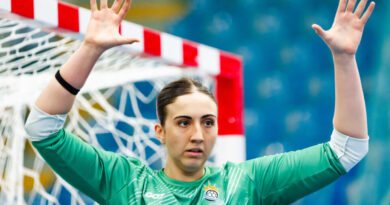 A goalkeeper in a green jersey raises both hands in a defensive stance in front of a red-and-white goal.